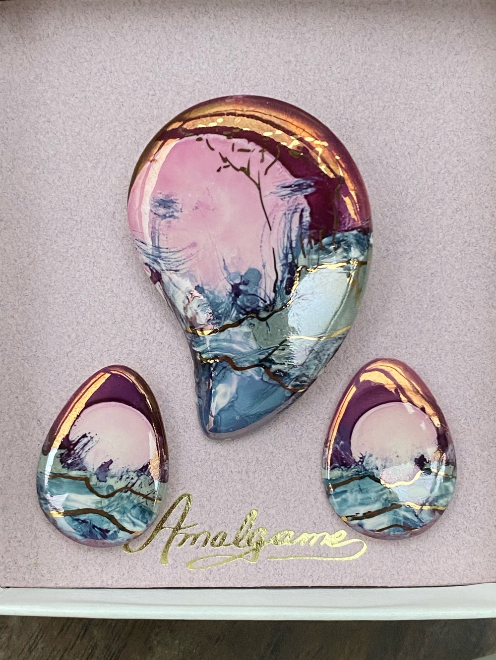 Vintage Painted Porcelain Cameo Brooch and Pierced Earrings Set Full Moon Scene